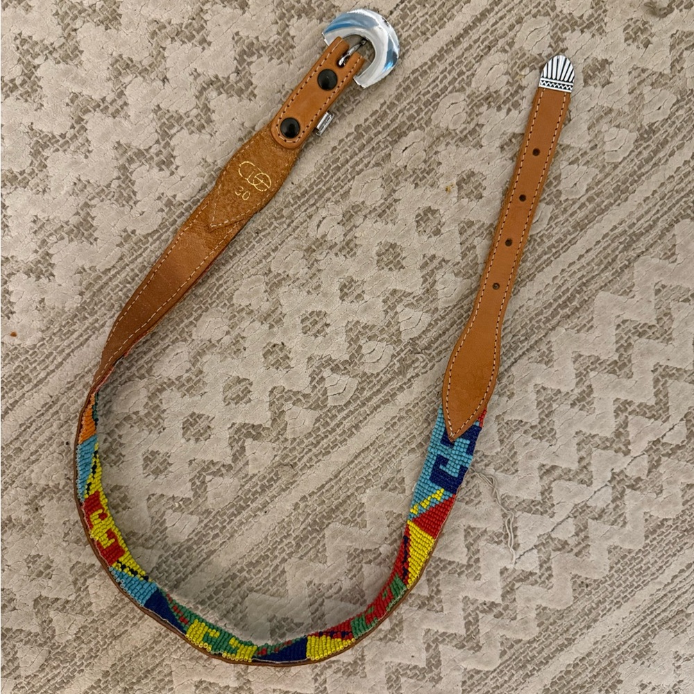 Beaded Aztec Pattern Leather-Trim Adjustable Strap - Multicolor